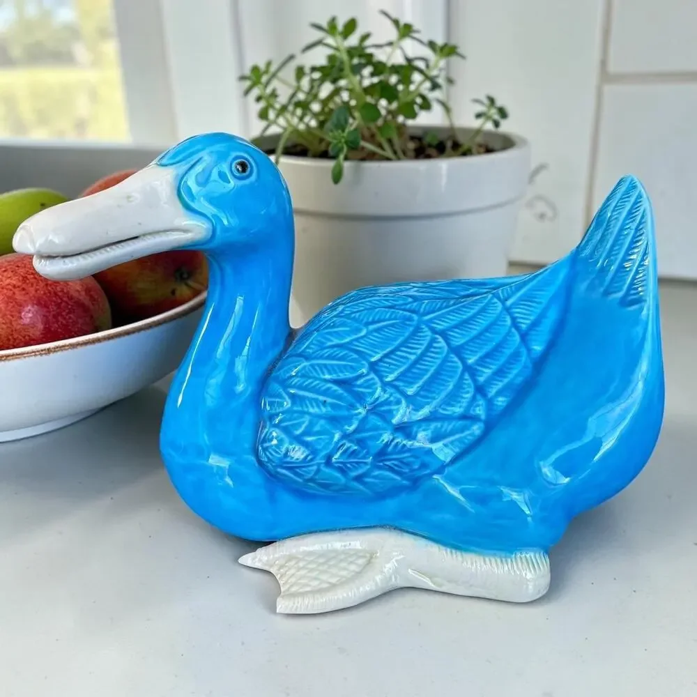 Vintage Chinese Blue Glazed Duck Figurine Ceramic Turquoise Goose Bird Statue